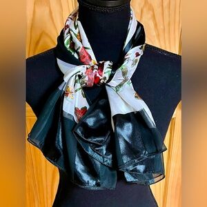 New Silk Floral Black White Square Scarf Morning Glory Stripes Whimsigoth Gift